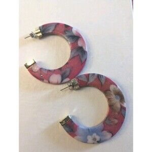 Vintage 80s Spring Flat Acrylic C Hoop Loop Earrings Floral 80s Style Pastel